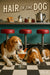 Two beagles in a retro diner, one licking a whipped cream bacon cocktail and the other sleeping on the floor under a “Hair of the Dog” sign