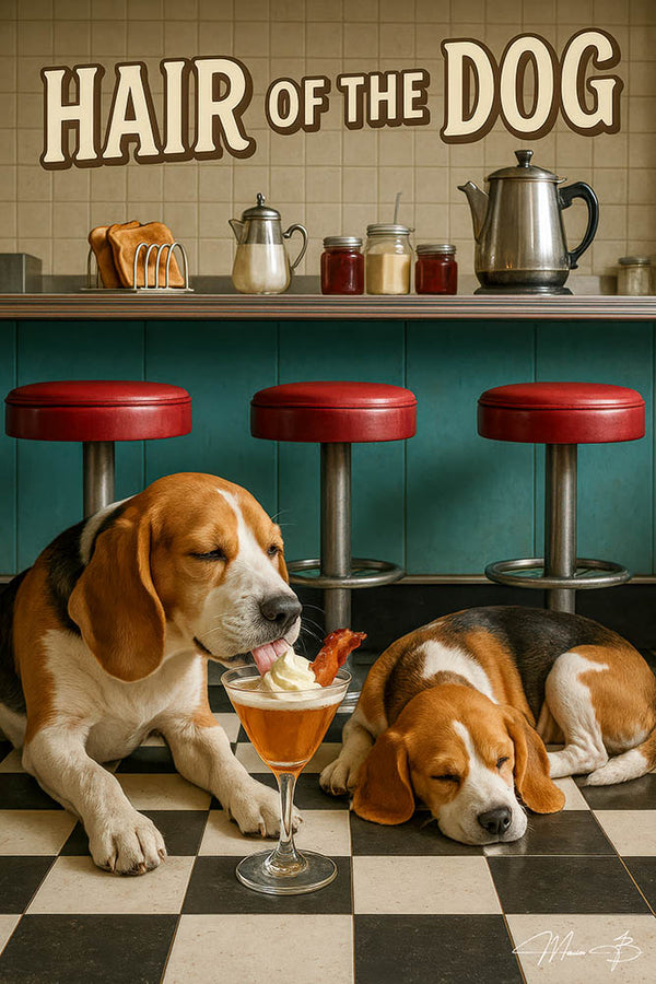 Two beagles in a retro diner, one licking a whipped cream bacon cocktail and the other sleeping on the floor under a “Hair of the Dog” sign