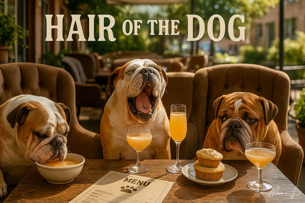 Three bulldogs at a patio café with drinks, muffins, and soup under a “Hair of the Dog” sign