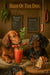 Three dachshunds with a Bloody Mary garnished with sausage and celery, toast, and chalkboard menus under a “Hair of the Dog” sign
