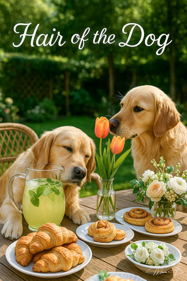 Two golden retrievers at a garden table with lemonade, croissants, pastries, and tulips under a “Hair of the Dog” sign