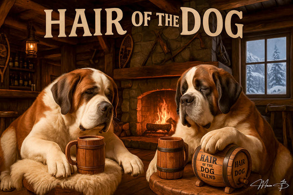 Two St-Bernards in a rustic tavern with a pint of beer and a Bloody Mary under a “Hair of the Dog” sign