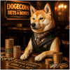 shiba inu in vest at table with stacks of Barkin Bucks, Moon Bonee, and Stake & Sniff Fund tokens under neon Dogecoin Bets & Bones sign