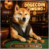 Shiba Inu in vest at green felt table branded HODL ’N’ ROLL stacking gold Dogecoin tokens under neon Dogecoin Pawsino sign