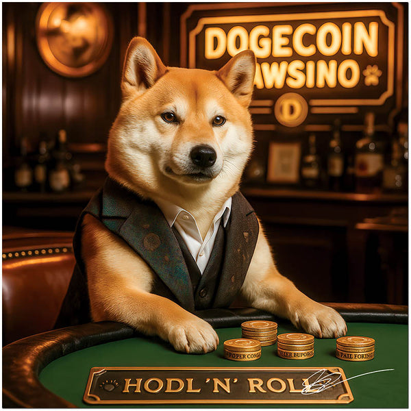Shiba Inu in vest at green felt table branded HODL ’N’ ROLL stacking gold Dogecoin tokens under neon Dogecoin Pawsino sign
