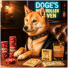 shiba inu in tailored jacket at poker table with Much Coin and Wow Bucks chip stacks, Doge Deck cards and Dogequiri cocktail under neon Doge’s High Roller Haven sign