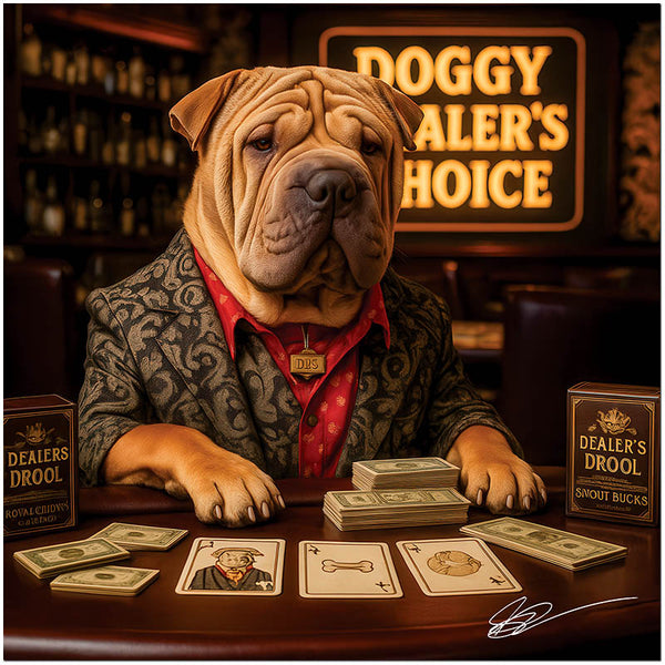 shar pei in paisley jacket at poker table with stacks of money bills, Dealer’s Drool tins, and custom dog playing cards