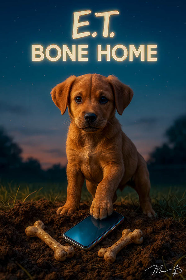 ET bone home humorous puppy dog phone bones parody metal print