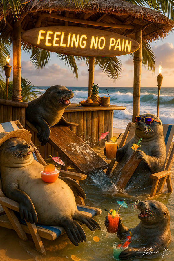 Seals lounging in shallow water at a tiki beach bar under a neon “Feeling No Pain” surfboard sign, holding tropical cocktails and wearing sunglasses