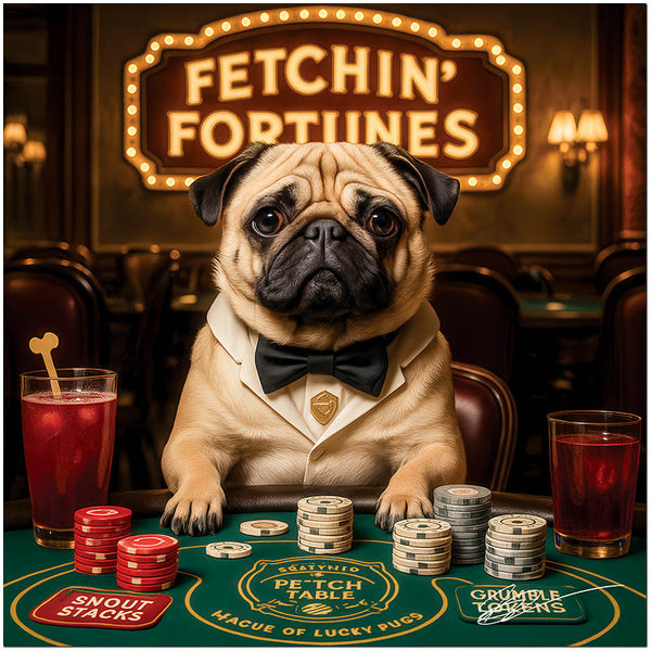 Fetchin' Fortunes metal print depicting an elegant pug dressed in tuxedo at a luxury casino poker table