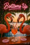 Flamingo striking a fun high-kick pose in a vibrant cocktail bar scene – colorful and humorous metal wall art for happy hour lovers