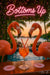 Flamingo striking a fun high-kick pose in a vibrant cocktail bar scene – colorful and humorous metal wall art for happy hour lovers