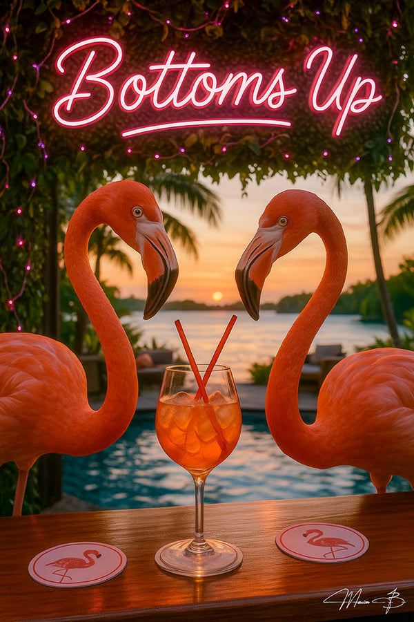 Flamingo striking a fun high-kick pose in a vibrant cocktail bar scene – colorful and humorous metal wall art for happy hour lovers