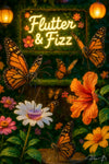 Butterflies drinking nectar cocktails from flowers under neon Flutter and Fizz sign