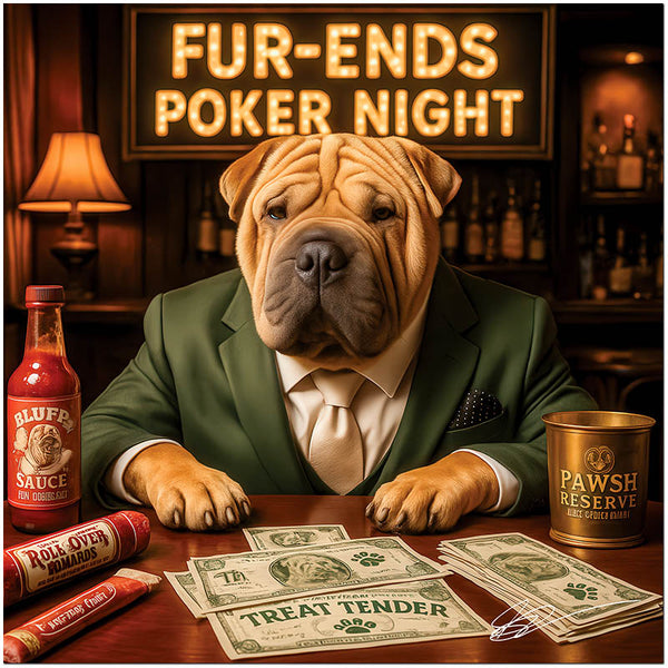 shar pei in suit at poker table with treat money bills, hot sauce bottle, treat tubes, and Pawsh Reserve tin