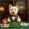 west highland terrier in bow tie at poker table with stacks of red tan and black chips and dog playing cards under a Fur-tastic Fortune Frolic sign