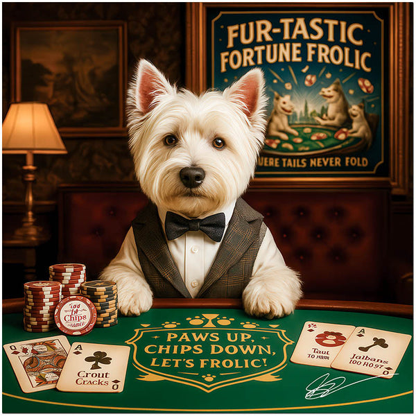 west highland terrier in bow tie at poker table with stacks of red tan and black chips and dog playing cards under a Fur-tastic Fortune Frolic sign