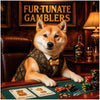 shiba inu in vest at poker table stacking red green and blue chip stacks with crystal snifter under fur-tunate gamblers sign