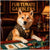 shiba inu in vest at poker table stacking red green and blue chip stacks with crystal snifter under fur-tunate gamblers sign