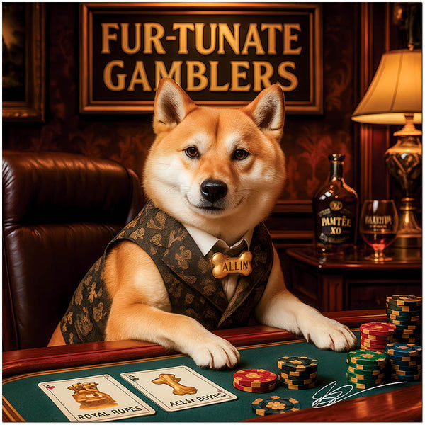 shiba inu in vest at poker table stacking red green and blue chip stacks with crystal snifter under fur-tunate gamblers sign