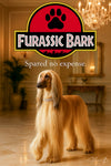 Glamorous Afghan Hound wearing diamond collar in luxurious setting titled Furassic Bark Spared no expense