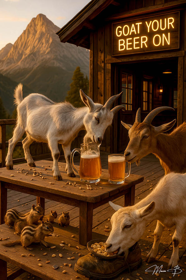 Three goats on a wooden cabin deck drinking beer under a neon “GOAT YOUR BEER ON” sign as chipmunks nibble peanuts at sunset with mountains in the background