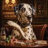 Dalmatian in a mobster pose with poker chips, cards, and a bottle labeled “Pure Mafia Mineral,” seated under a “Godfather Goliath” sign in a dramatic poker lounge.