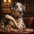 Dalmatian in a mobster pose with poker chips, cards, and a bottle labeled “Pure Mafia Mineral,” seated under a “Godfather Goliath” sign in a dramatic poker lounge.