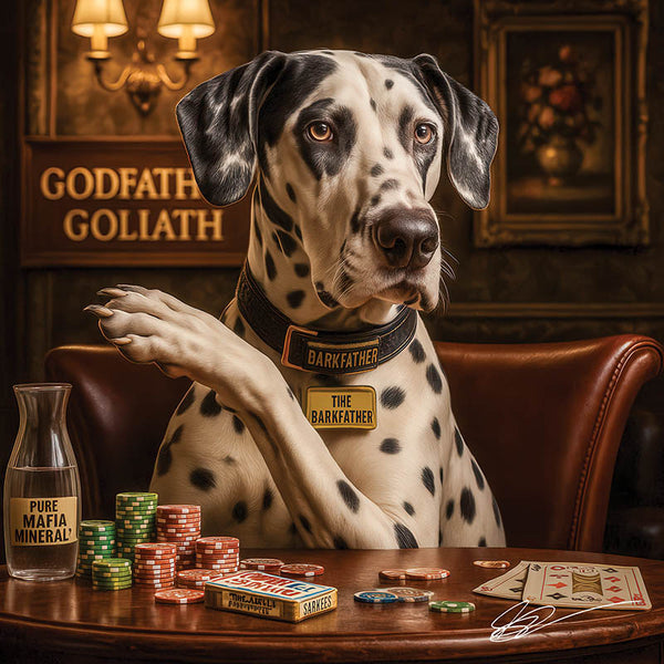 Dalmatian in a mobster pose with poker chips, cards, and a bottle labeled “Pure Mafia Mineral,” seated under a “Godfather Goliath” sign in a dramatic poker lounge.
