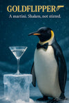 Sophisticated penguin wearing bow tie next to martini on ice pedestal artwork titled Goldflipper - A martini Shaken not stirred