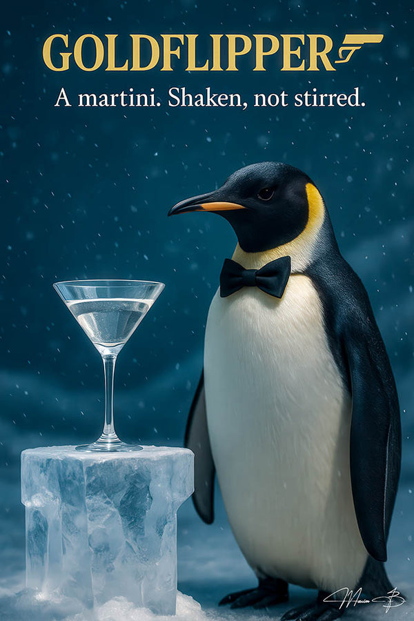 Sophisticated penguin wearing bow tie next to martini on ice pedestal artwork titled Goldflipper - A martini Shaken not stirred