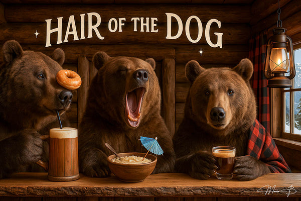 Three bears drinking coffee and ale in a log cabin bar Metal Print