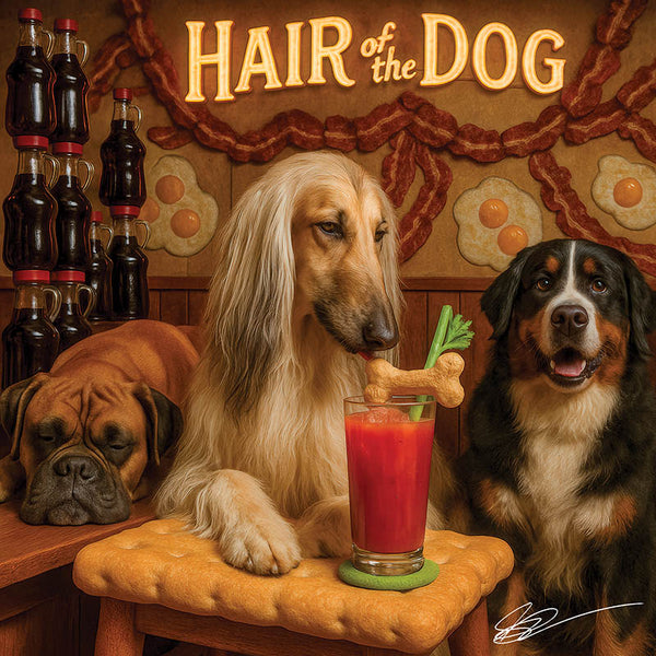 Hair of the Dog Afghan Hound 004 Ruff & Ready Funny Canine Art neon lights, bacon-woven flair, and egg murals