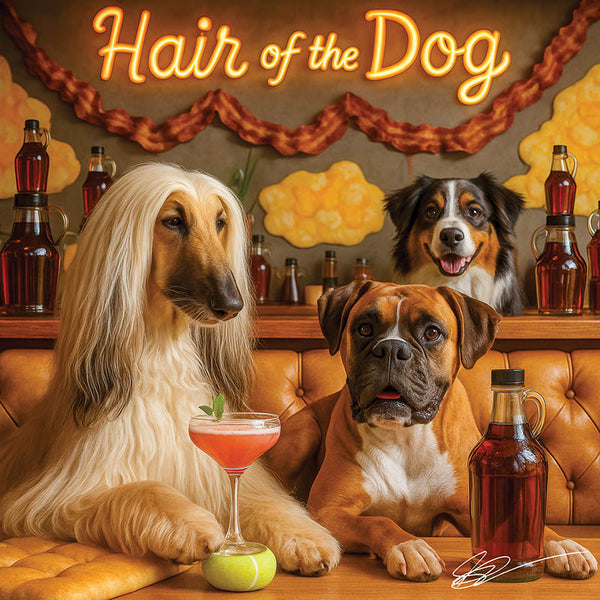 Hair of the Dog Afghan Shepherd 001 Ruff & Ready Funny Canine Art neon lights, bacon-woven flair, and egg murals