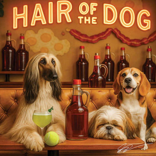 Hair of the Dog Afghan Shepherd 002 Ruff & Ready Funny Canine Art neon lights, bacon-woven flair, and egg murals