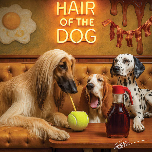 Hair of the Dog Afghan Shepherd 003 Ruff & Ready Funny Canine Art neon lights, bacon-woven flair, and egg murals