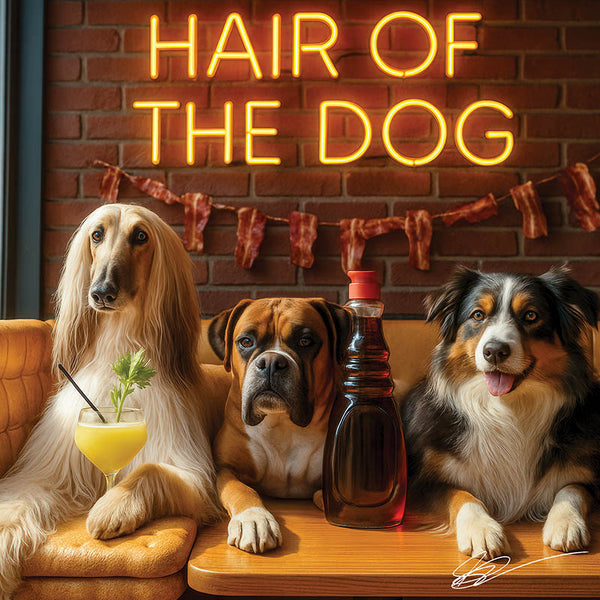 Hair of the Dog Afghan Shepherd 005 Ruff & Ready Funny Canine Art neon lights, bacon-woven flair, and egg murals