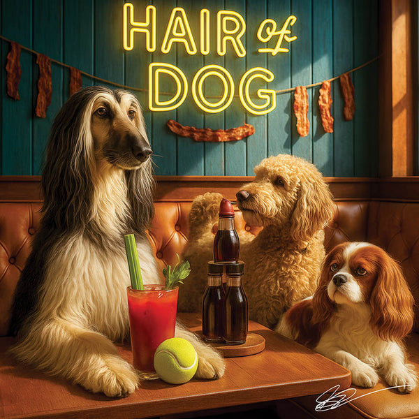 Hair of the Dog Afghan Shepherd 006 Ruff & Ready Funny Canine Art neon lights, bacon-woven flair, and egg murals