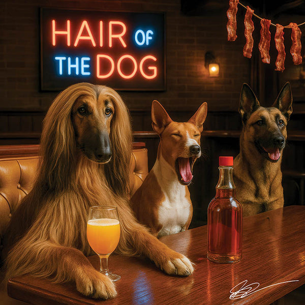 Hair of the Dog Afghan Shepherd 008 Ruff & Ready Funny Canine Art neon lights, bacon-woven flair, and egg murals
