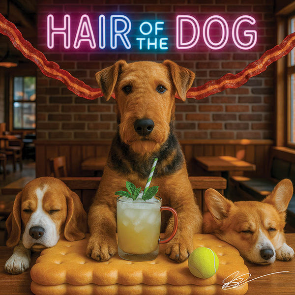 Hair of the Dog Airedale Terrier 005 Ruff & Ready Funny Canine Art neon lights, bacon-woven flair, and egg murals