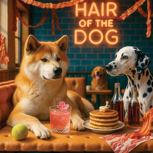 Hair of the Dog Akita 004 Ruff & Ready Funny Canine Art neon lights, bacon-woven flair, and egg murals