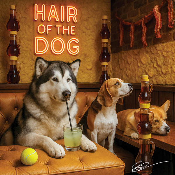 Hair of the Dog Alaskan Malamute 002 Ruff & Ready Funny Canine Art neon lights, bacon-woven flair, and egg murals