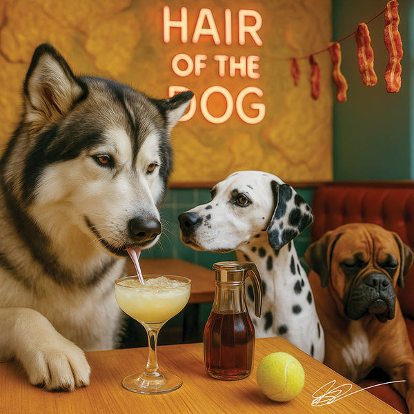 Hair of the Dog Alaskan Malamute 006 Ruff & Ready Funny Canine Art neon lights, bacon-woven flair, and egg murals