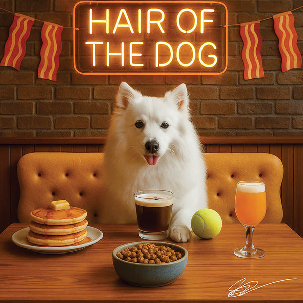 Hair of the Dog American Eskimo 001 Ruff & Ready Funny Canine Art neon lights, bacon-woven flair, and egg murals