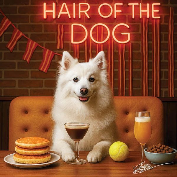 Hair of the Dog American Eskimo 002 Ruff & Ready Funny Canine Art neon lights, bacon-woven flair, and egg murals