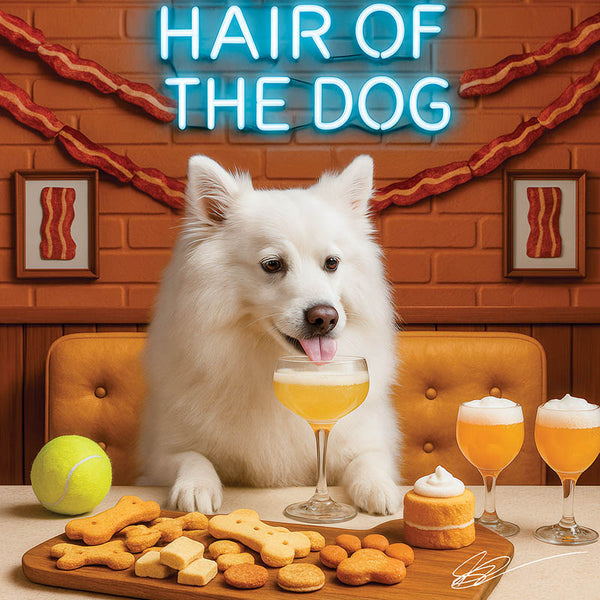 Hair of the Dog American Eskimo 004 Ruff & Ready Funny Canine Art neon lights, bacon-woven flair, and egg murals