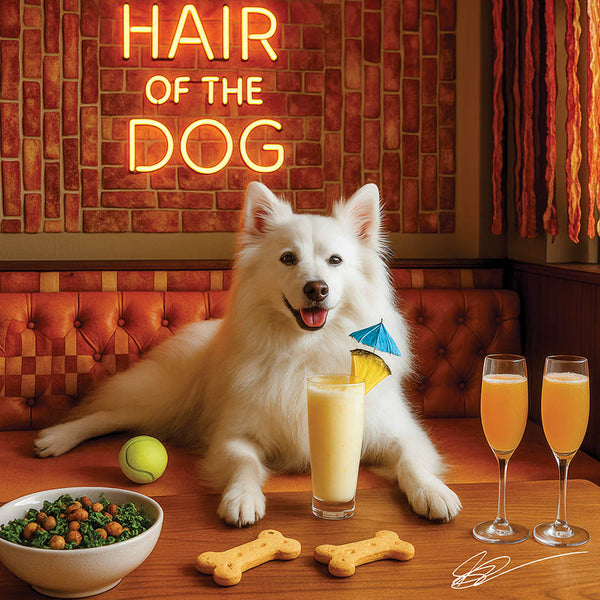 Hair of the Dog American Eskimo 005 Ruff & Ready Funny Canine Art neon lights, bacon-woven flair, and egg murals