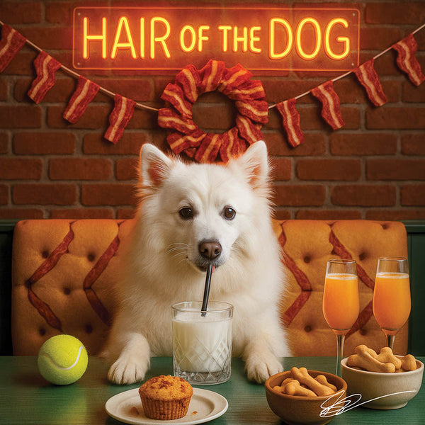 Hair of the Dog American Eskimo 006 Ruff & Ready Funny Canine Art neon lights, bacon-woven flair, and egg murals
