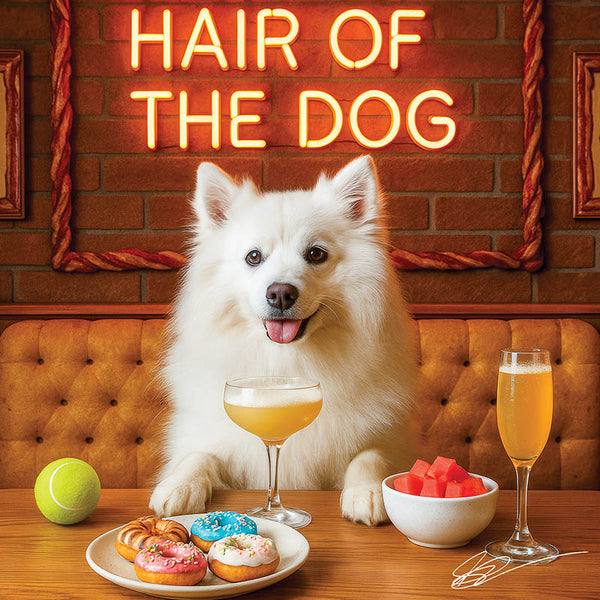 Hair of the Dog American Eskimo 008 Ruff & Ready Funny Canine Art neon lights, bacon-woven flair, and egg murals