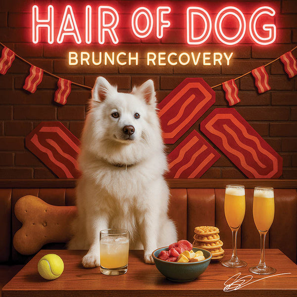 Hair of the Dog American Eskimo 009 Ruff & Ready Funny Canine Art neon lights, bacon-woven flair, and egg murals